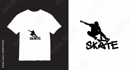 Skateboarder silhouette with skate text design for streetwear t-shirt vector illustration isolated on white background