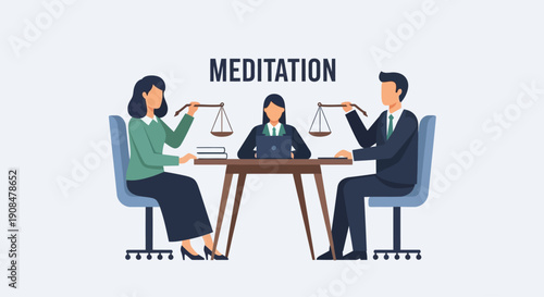 Business people meditating and balancing scales in office environment.