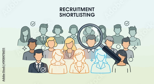 Conceptual illustration of recruitment and candidate shortlisting process with magnifying glass.