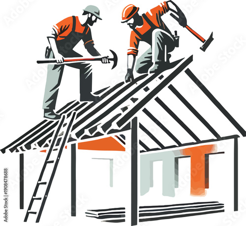 Roofers working on a house under construction roofing