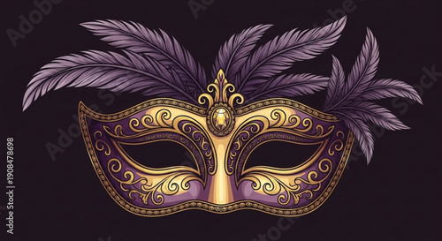 Vibrant purple and gold masquerade mask with feathers on black background for party