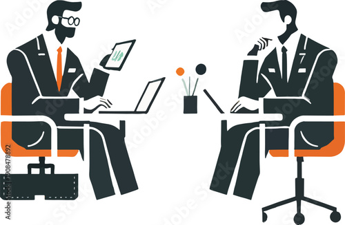 Two businessmen in suits collaborating at desks with laptops