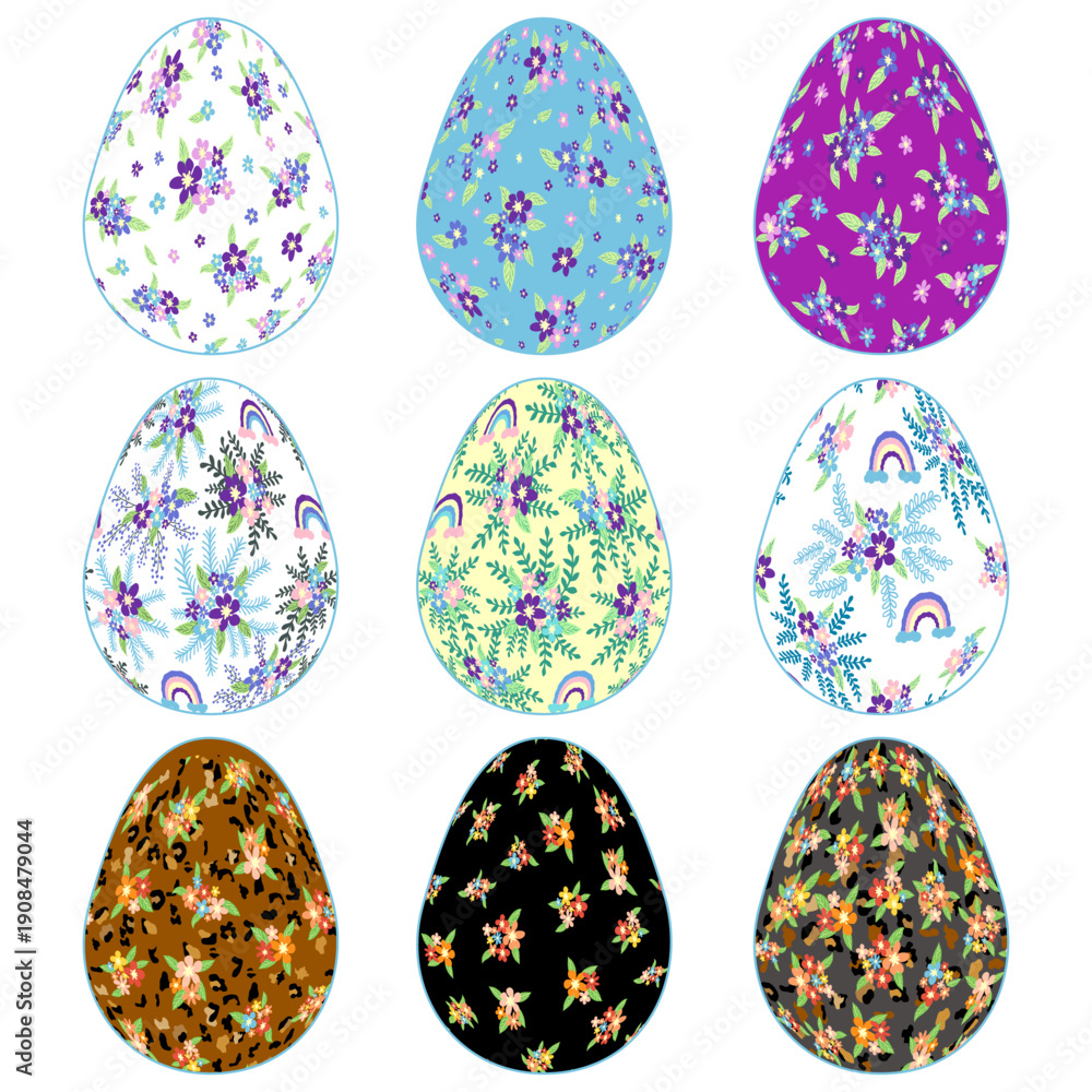 Fototapeta premium Set Happy Easter egg with a delicate floral pattern and leopard skin. Flowers and stars, lavender and pink colors