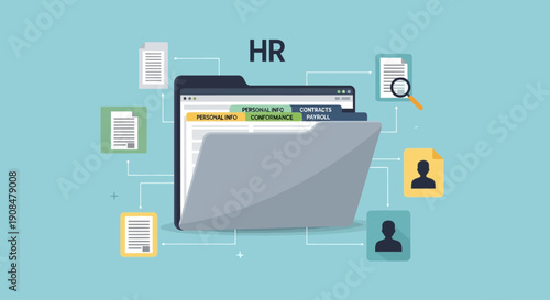 Human resources digital management system with folder and employee icons.