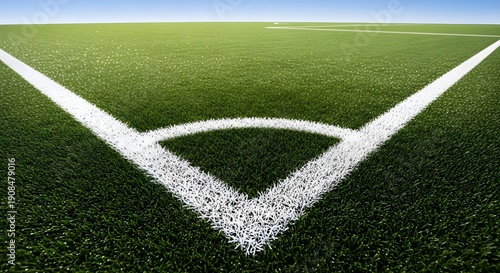 Vibrant green soccer field corner with crisp white markings under bright daylight showcasing a perfect pitch