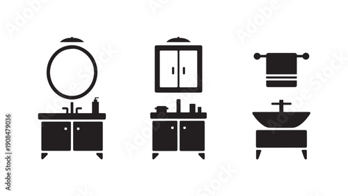 Bathroom Vanity Icons in Minimalist Style with Simple Black Silhouettes on White Background for Web Design