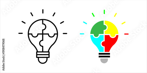 Minimal line icon set. of a light bulb divided into puzzle pieces, representing problem solving, innovation, solutions, and critical thinking.