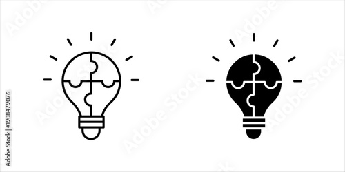 Minimal line icon set. of a light bulb divided into puzzle pieces, representing problem solving, innovation, solutions, and critical thinking.