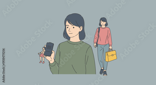 Young woman walking while looking at her smartphone and carrying a shopping bag.