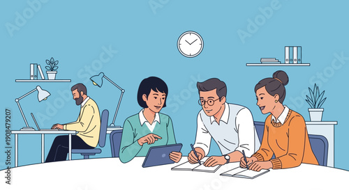 Diverse team collaborating on a project in a modern office environment.