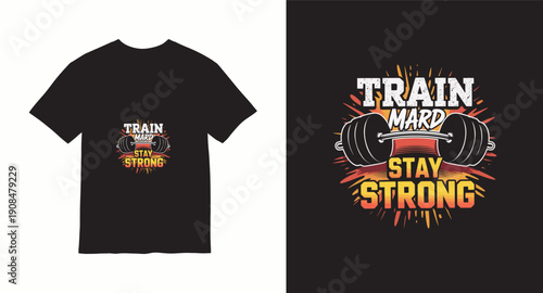 Train hard stay strong text with barbell and exploding effect for gym motivation