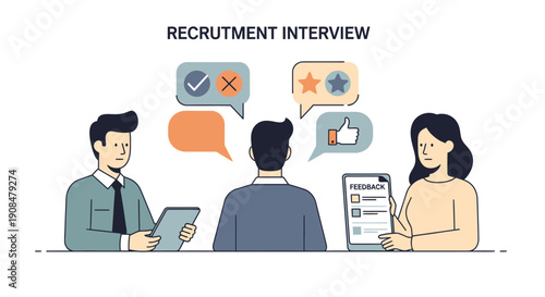 Recruitment interview scene with two interviewers evaluating a candidate using checklist and feedback icons.