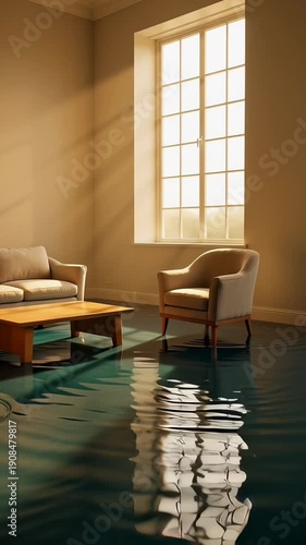 Flooded living room with modern furniture warm sunlight