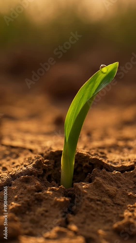 Young sprout thriving in fertile soil with morning dew droplet
