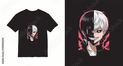 Two faced anime character with red eyes t-shirt design for manga lovers