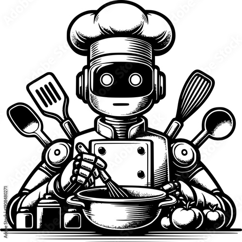 Culinary Bot: A futuristic chef robot, equipped with cooking utensils, stirring in a pot, ready to create a delectable meal.