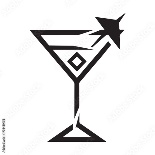 Elegant martini glass with a star-shaped crack and ice cube inside. Vector, illustration