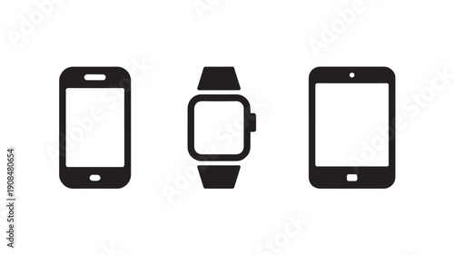 Smartphone and smartwatch silhouettes in minimalist style with black color on white background for mobile app design