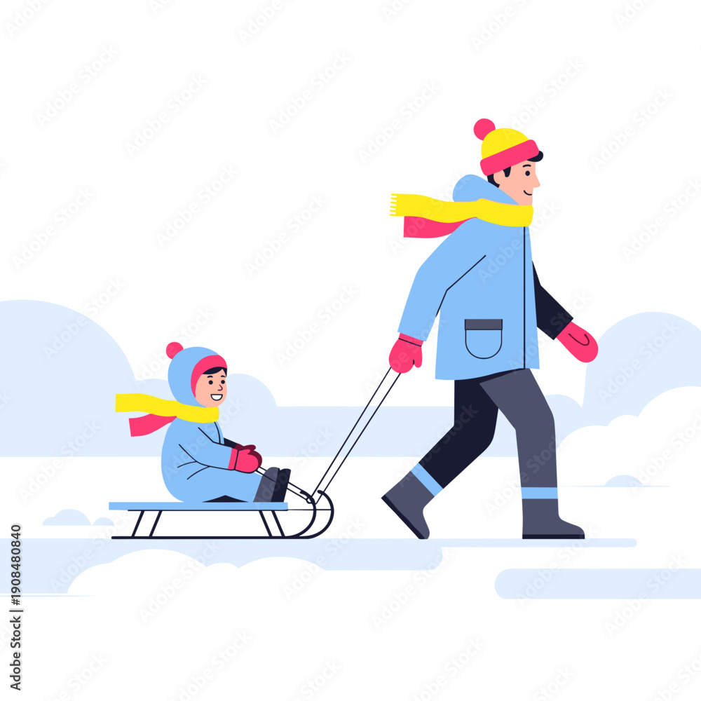 Obraz premium Father pulling child on sled in winter snow with colorful attire 