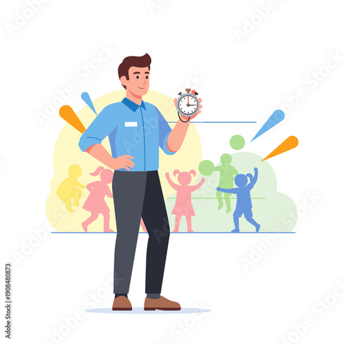 Male teacher holding stopwatch while overseeing children's activities  