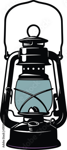 WebVintage black kerosene lamp vector illustration with blue glass chamber isolated on white background for camping hiking and old traditional lighting equipment designs