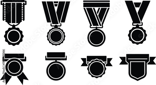 Icon set of various award medals and ribbons for recognition and achievement