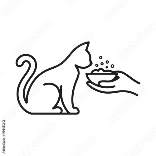 A line drawing depicts a cat eating from a bowl held by a hand