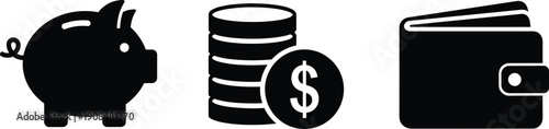 Money finance savings icon set with piggy bank cash coins dollar symbol wallet payment investment banking wealth business flat vector