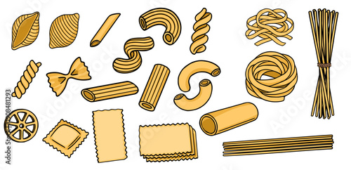 A vibrant vector set of assorted pasta shapes, isolated on white, perfect for culinary design