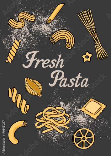 Fresh pasta vector illustration with various shapes on a textured dark background