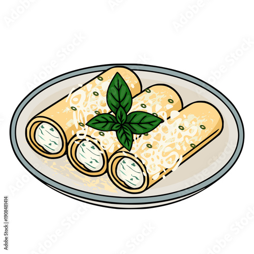 Vector illustration of three creamy cannelloni pasta tubes topped with melted cheese and fresh basil leaves on a plate