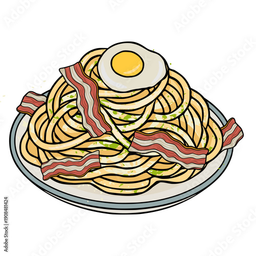Delicious vector illustration of spaghetti with bacon and fried egg on a plate, sprinkled with herbs