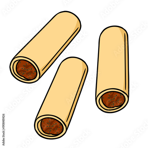 Vector illustration of three stuffed pasta tubes, cannelloni with meat filling