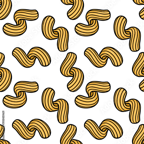 Seamless vector pattern of golden pasta shapes with ribbed texture on white background