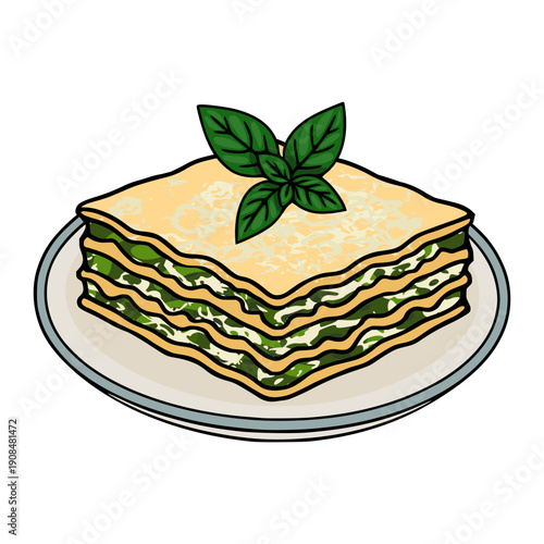 Delicious vector illustration of a layered lasagna dish with fresh basil garnish