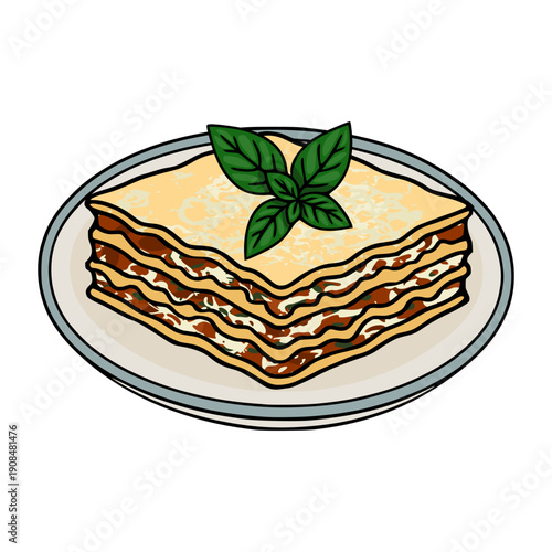 Delicious vector illustration of a layered lasagna with fresh basil garnish on a plate