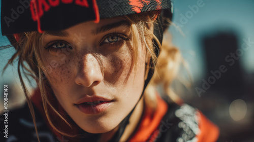 Stunning outdoor portrait of a confident woman with freckles, expressive eyes, natural makeup, flowing hair, and vibrant sunlight highlighting her face