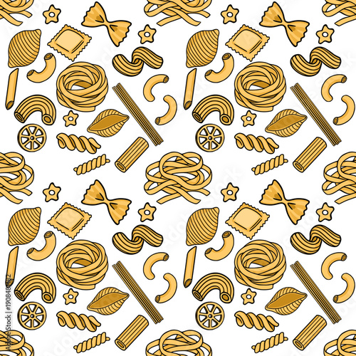 Seamless vector pattern of various golden pasta shapes on a white background