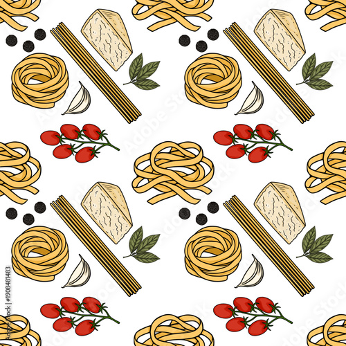 Seamless vector pattern of fresh pasta ingredients, including tagliatelle nests, spaghetti, ripe cherry tomatoes, garlic cloves, black peppercorns, and bay leaves, on a white background.