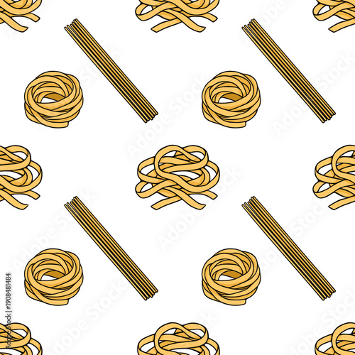 Seamless vector pattern of golden pasta nests and spaghetti sticks, Italian food illustration