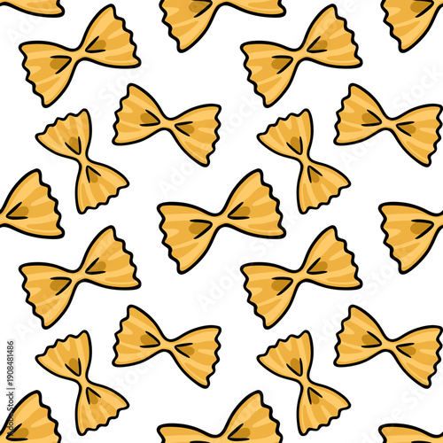 Seamless vector pattern of golden farfalle pasta, bow-tie shaped, on a white background.