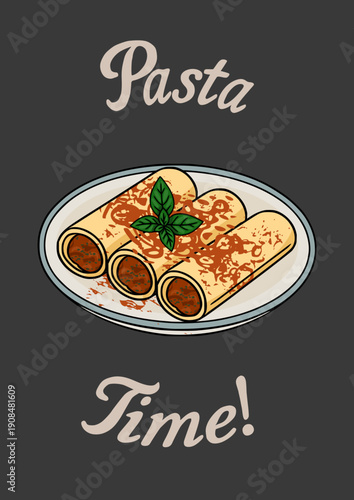 Delicious pasta rolls with meat filling and basil on a plate, vector poster illustration