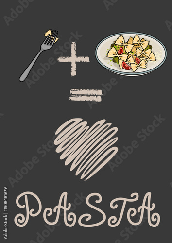 Whimsical vector illustration poster of pasta with a fork, plate, and heart symbol, celebrating the love of Italian food.
