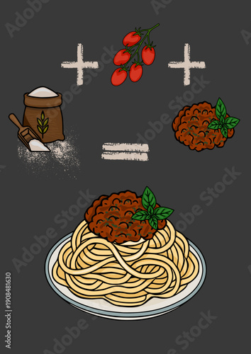 Vector illustration of ingredients forming spaghetti with bolognese sauce and basil