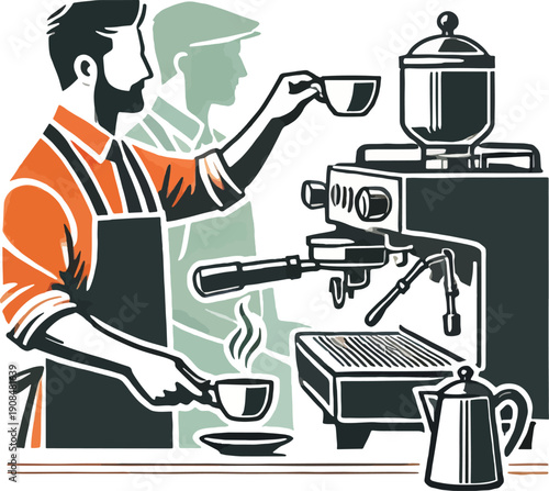 Barista making coffee with a vintage espresso machine Keywords: coffee, barista, espresso, coffee