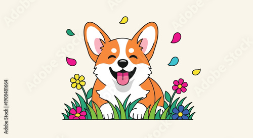 Happy corgi dog sitting in green grass with colorful flowers