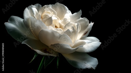 Elegant White Rose Bloom Isolated on Black Background.