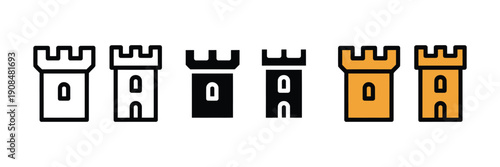 Medieval castle tower and chess rook defense icon vector. Ancient fortress architecture and historical stronghold symbol set. Vector illustration