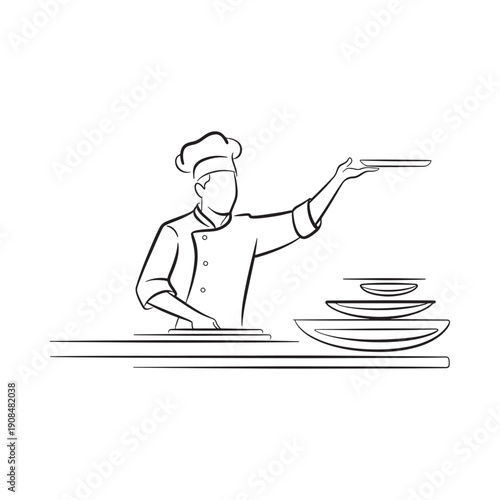 A culinary professional presenting dishes with elegance and skill in a simple sketch