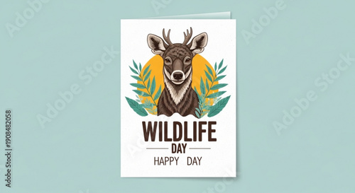 Deer illustration on wildlife day greeting card with green leaves